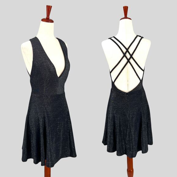 Lulus Metallic Black Fit & Flare Mini Skater Dress with Strappy Back Size M - Picture 1 of 7